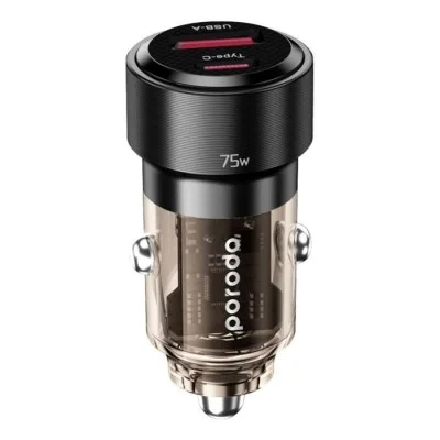 Porodo 75W Dual Port Transparent Aluminum Car Charger - Black